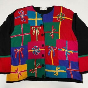 Vtg Women's Present Christmas Sweater Cardigan Holiday Festive Party Cottagecore